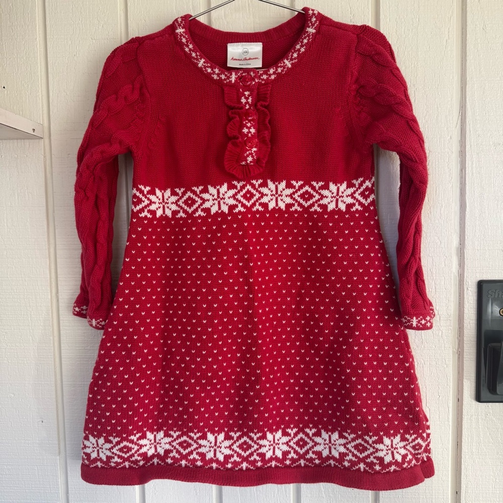 Hanna Andersson Red White Knit Sweater Dress snowflake print cable knit sleeves